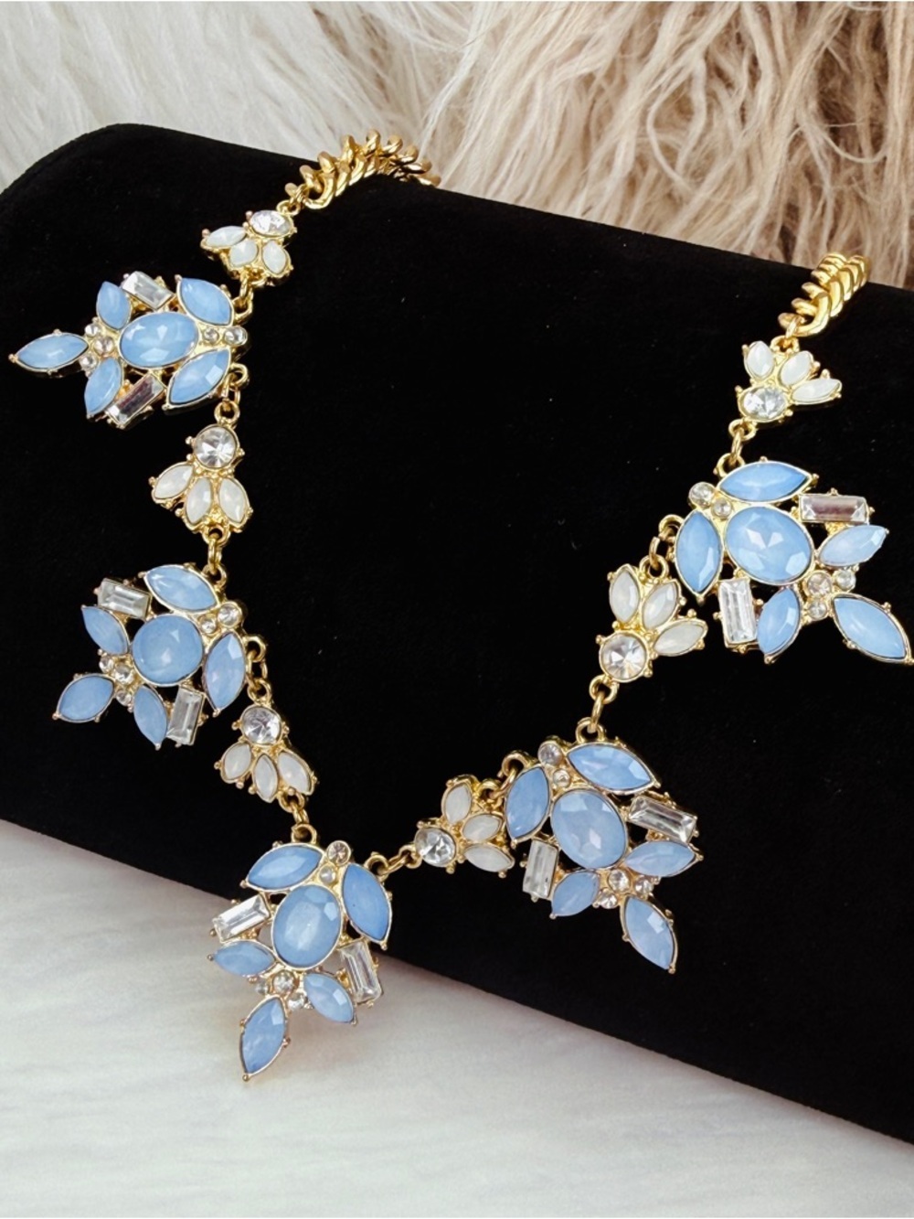 Beautiful multi blue shades, goldtone, costume statement necklace